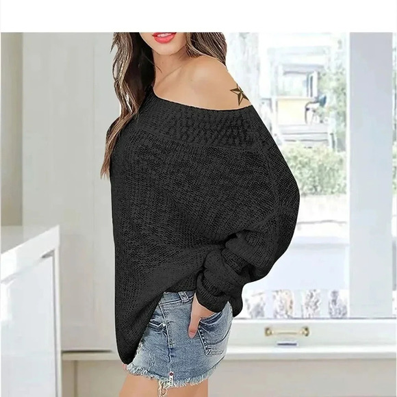 EXLURA BATWING OFF THE SHOULDER OVERSIZED PULL OVER KNIT SWEATER IN GREY O/S - Picture 2 of 16